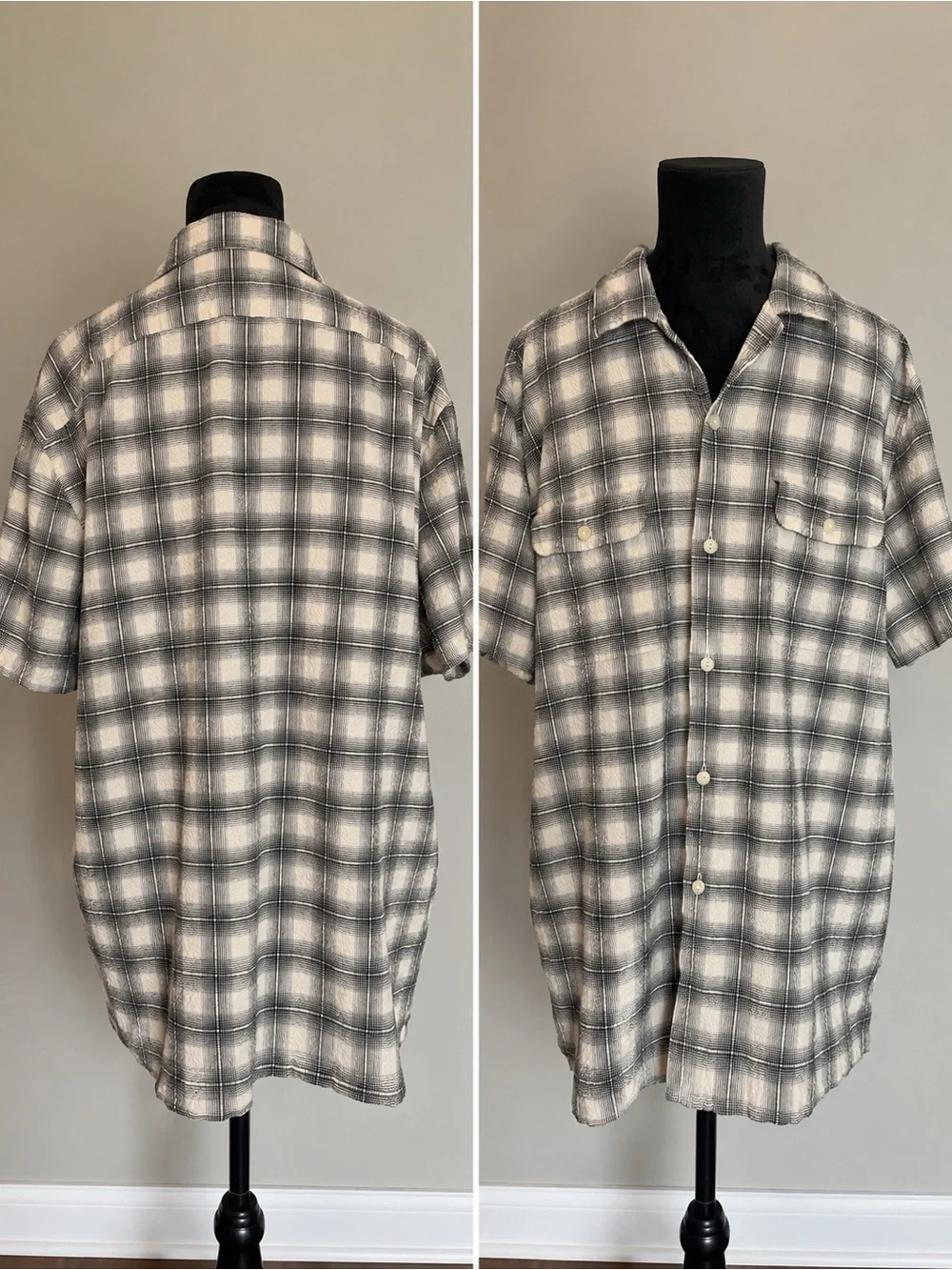 J.Crew Men’s XL Cream Black Plaid Short Sleeve Button Up Shirt